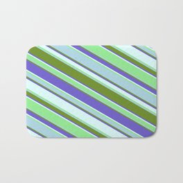 [ Thumbnail: Colorful Light Blue, Green, Slate Blue, Light Cyan & Light Green Colored Stripes Pattern Bath Mat ]