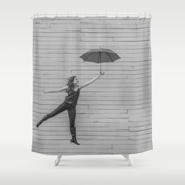 On the way to the break of day; woman flying with umbrella confidence inspirational female black and white photograph - photography - photographs Shower Curtain