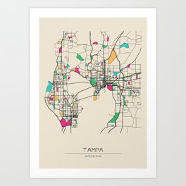 Colorful City Maps: Tampa, Florida Art Print | Road, Travel, Street, Housewarming, Vintage, Landscape, Tampamap, Poster, Straightoutta, Floridian 