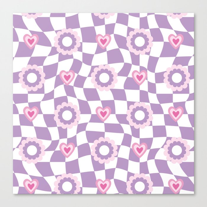 Floral Wavy Checkerboard-Psychedelic Pattern Canvas Print