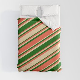 [ Thumbnail: Beige, Dark Green & Red Colored Lined Pattern Duvet Cover ]