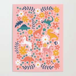 Floral Burst of Dinosaurs + Unicorns Poster