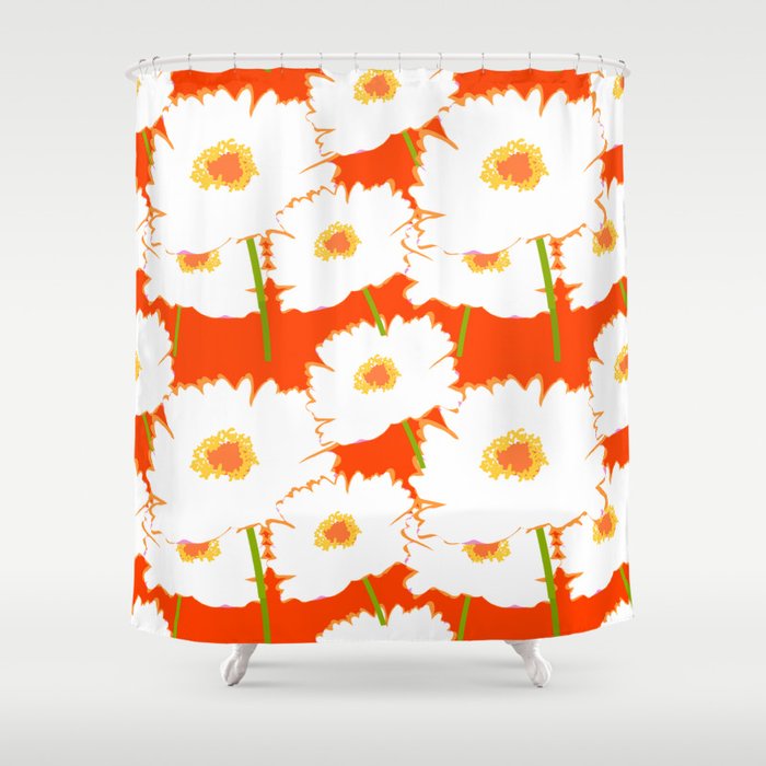 Modern White Peony Flowers On Red Shower Curtain