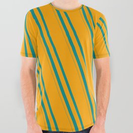 [ Thumbnail: Orange and Dark Cyan Colored Striped/Lined Pattern All Over Graphic Tee ]