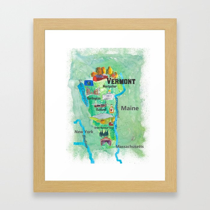 USA Vermont State Travel Poster Map with Touristic Highlights Framed Art Print