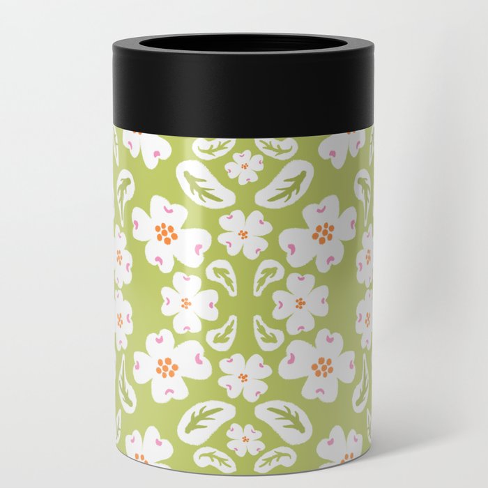 Mid-century Modern Dogwood Blooms Green Can Cooler