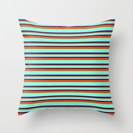 [ Thumbnail: Aquamarine, Blue & Red Colored Striped/Lined Pattern Throw Pillow ]