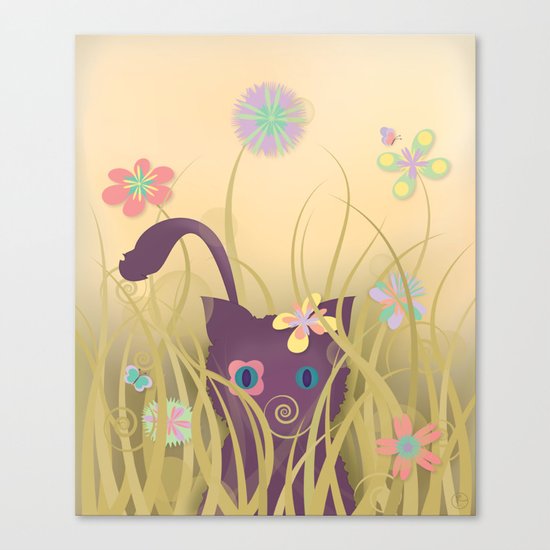Wild Kitty Cat, Spring Blooming Flowers, Golden Beige Sky Canvas Print