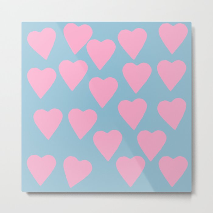Hearts Pink on Blue Metal Print
