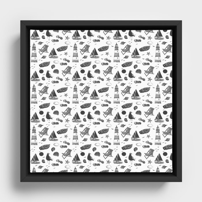 Dark Grey Summer Beach Elements Pattern Framed Canvas