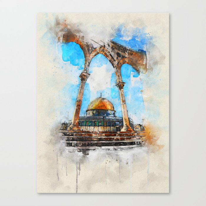 painting. Watercolor Al-Aqsa Mosque Dome of the Rock in the Old City - Jerusalem, Israel Canvas Print