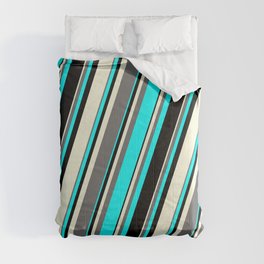 [ Thumbnail: Beige, Dim Grey, Aqua & Black Colored Lines/Stripes Pattern Comforter ]