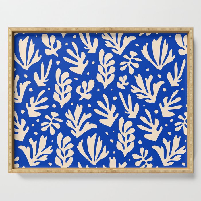 matisse pattern with leaves in blu Serving Tray