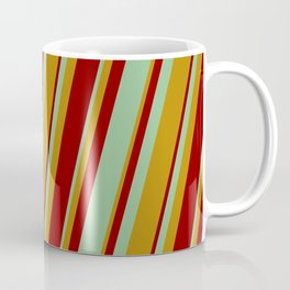 [ Thumbnail: Dark Goldenrod, Dark Red & Dark Sea Green Colored Lined/Striped Pattern Coffee Mug ]