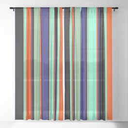 [ Thumbnail: Vibrant Black, Dark Sea Green, Aquamarine, Red, and Midnight Blue Colored Pattern of Stripes Sheer Curtain ]