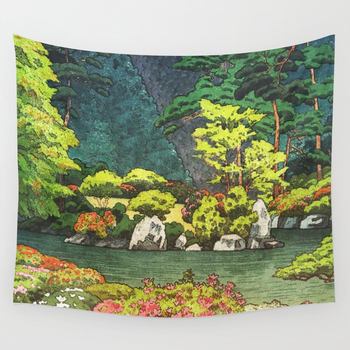 Resting at Dogo - Nature Ukiyo Landscape in Green, Orange, Red & Blue Wall Tapestry