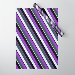 [ Thumbnail: Dark Orchid, Dark Slate Gray, Lavender, and Black Colored Striped/Lined Pattern Wrapping Paper ]