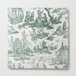 Vintage Green French Toile Landscape Metal Print | People, Farm, Green And White, French, Countryside, White, Farmhouse, Europe, Nature, Pattern 