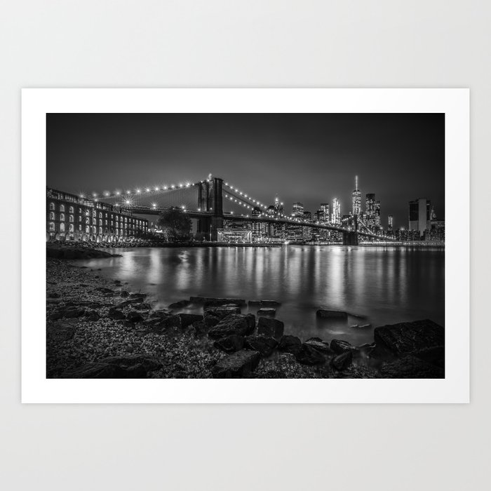 Nightly Stroll along the East River | Monochrome Art Print