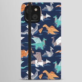 Origami dragon friends // oxford navy blue background aqua orange grey and taupe fantastic creatures iPhone Wallet Case