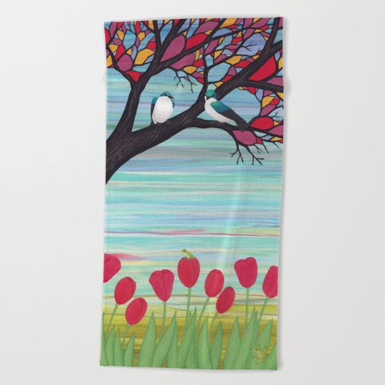 tree swallows in the stained glass tree with tulips and frogs Beach Towel