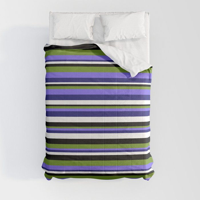 Eye-catching Black, Green, Medium Slate Blue, Midnight Blue, and White Colored Stripes/Lines Pattern Comforter