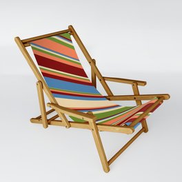 [ Thumbnail: Blue, Beige, Green, Coral, and Maroon Colored Lined Pattern Sling Chair ]