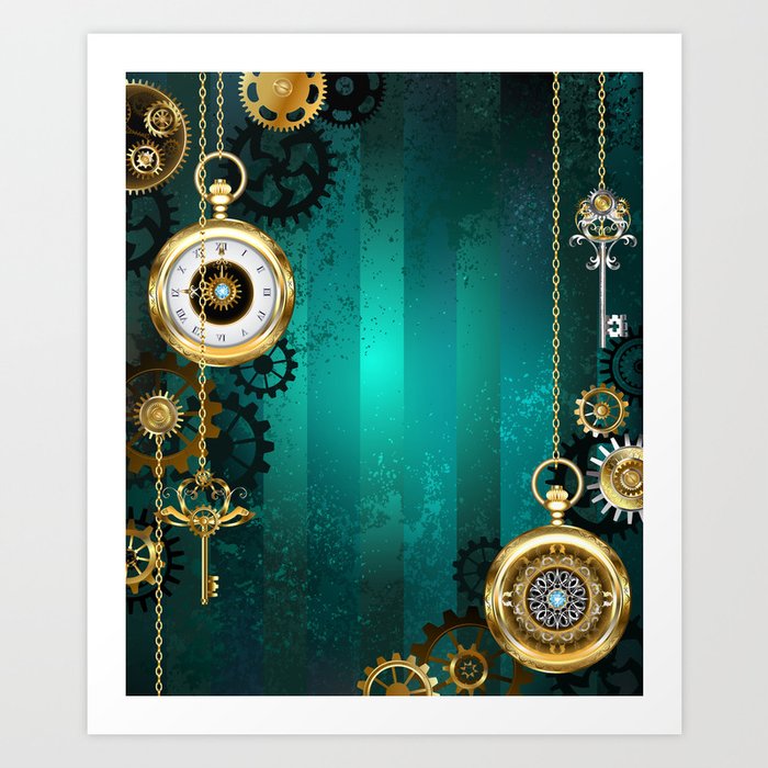 Steampunk Jewelry Watch on a Green Background Art Print