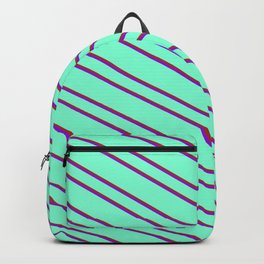 [ Thumbnail: Aquamarine, Brown, and Dark Violet Colored Pattern of Stripes Backpack ]