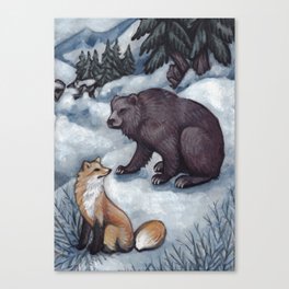 Winter meeting of Bear and Fox Canvas Print