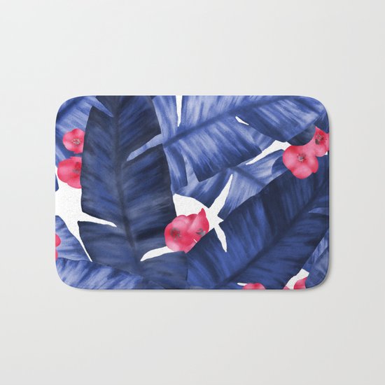 Tropical Banana Leaves With Flower Pattern Bath Mat