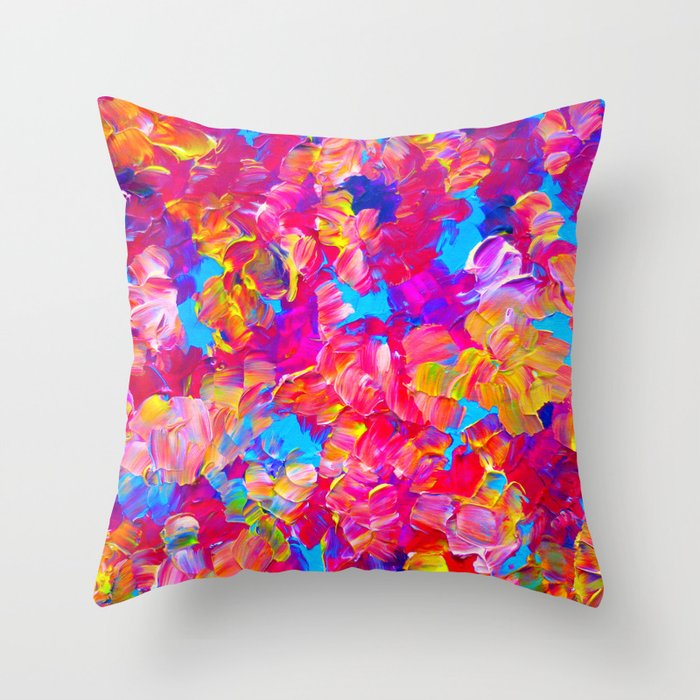 Floral Fantasy Bold Abstract Flowers Acrylic Textural Painting Neon Pink Turquoise Feminine Art Throw Pillow