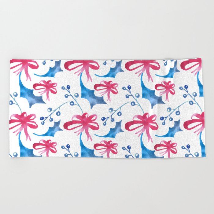 Christmas Pattern Watercolor Bow Floral Leaf Beach Towel