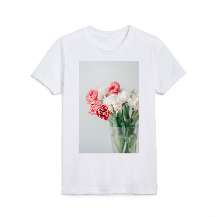 Pink Tulip Flowers, Flora Art Print, Tulips Print, Flower Home Decoration, White and Red Spring Floral Arrangement in Bouquet Kids T Shirt