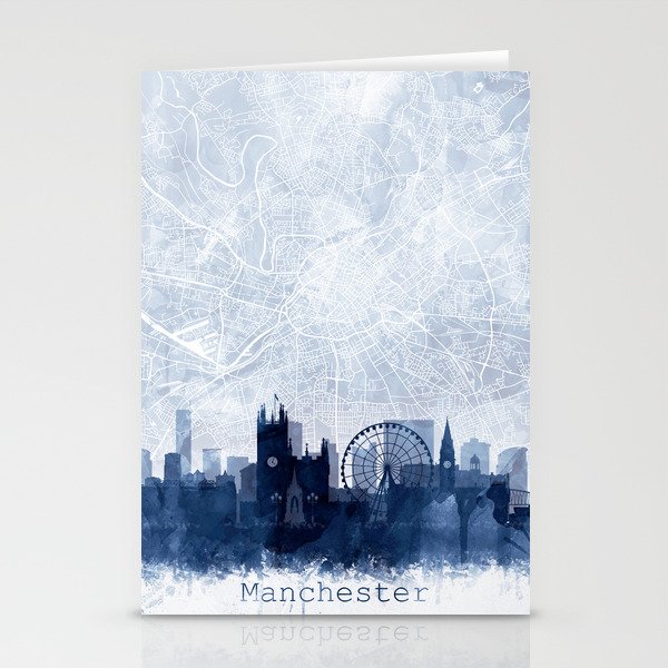 Manchester Skyline & Map Watercolor Navy Blue, Print by Zouzounio Art Stationery Cards