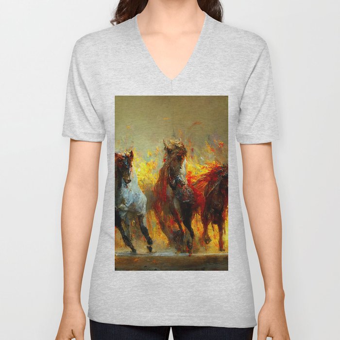 Flaming Horses V Neck T Shirt