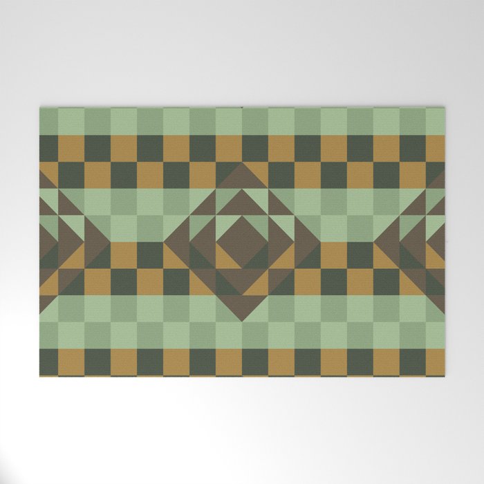 Sage green and brown gingham checked ornament Welcome Mat