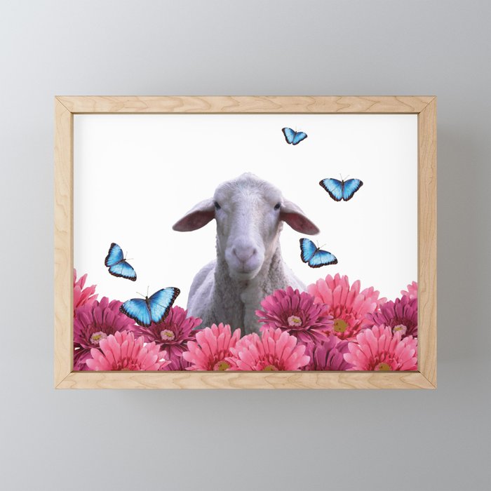 sheep butterflies gerbera  flowers pink Framed Mini Art Print