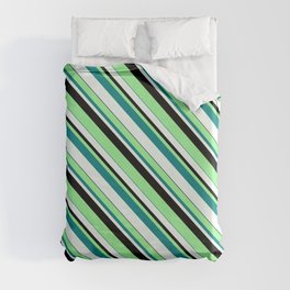 [ Thumbnail: Green, Teal, Mint Cream & Black Colored Lined Pattern Duvet Cover ]