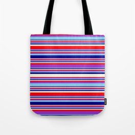 [ Thumbnail: Eye-catching Beige, Red, Dark Orchid, Sky Blue, and Dark Blue Colored Stripes/Lines Pattern Tote Bag ]