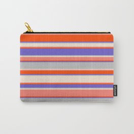 [ Thumbnail: Eye-catching Slate Blue, Grey, Beige, Salmon, and Red Colored Striped Pattern Carry-All Pouch ]