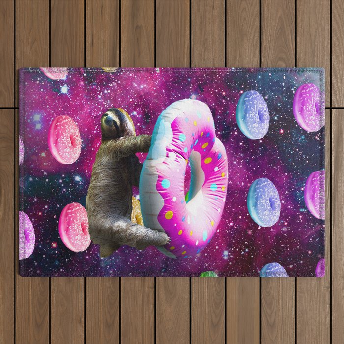 Space Sloth Riding Rainbow Donut Outdoor Rug