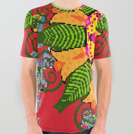 Colored round floral mandala on a red, green and yellow colors. Vintage illustration.  All Over Graphic Tee