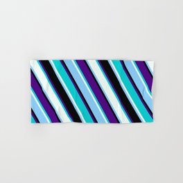 [ Thumbnail: Vibrant Indigo, Dark Turquoise, Mint Cream, Light Sky Blue, and Black Colored Lined/Striped Pattern Hand & Bath Towel ]