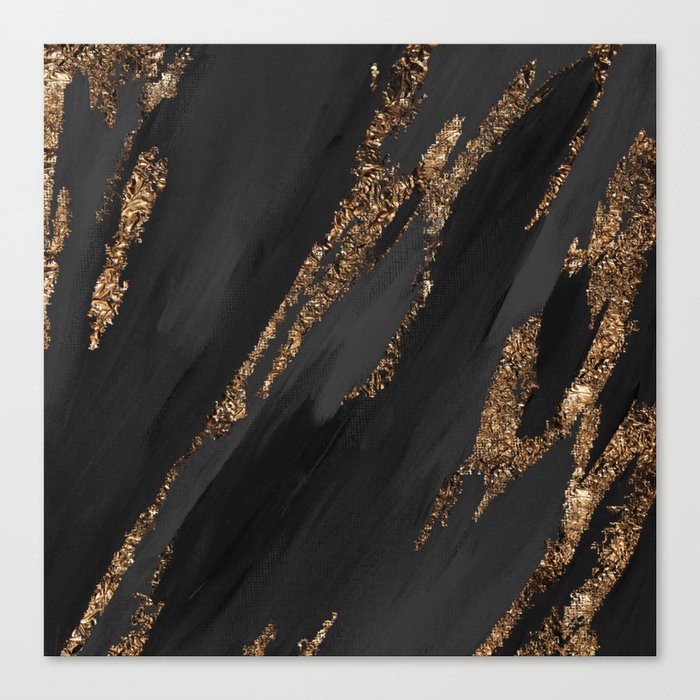 Black Paint Brushstrokes Gold Foil Abstract Texture Canvas Print