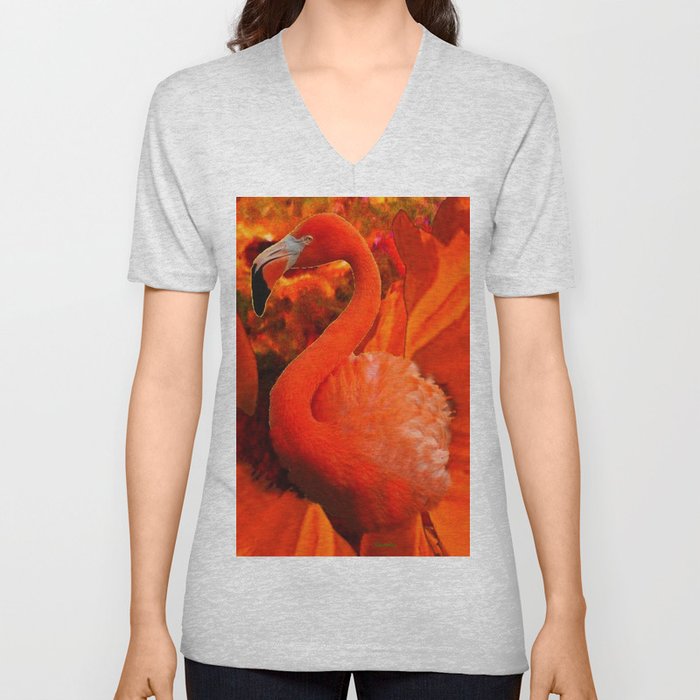 Tropical Saffron Flamingo Orange Floral Fantasy Painting V Neck T Shirt