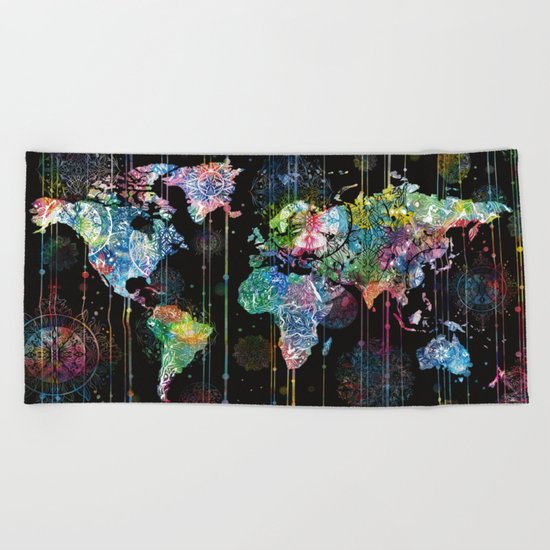 world map mandala black 1 Beach Towel