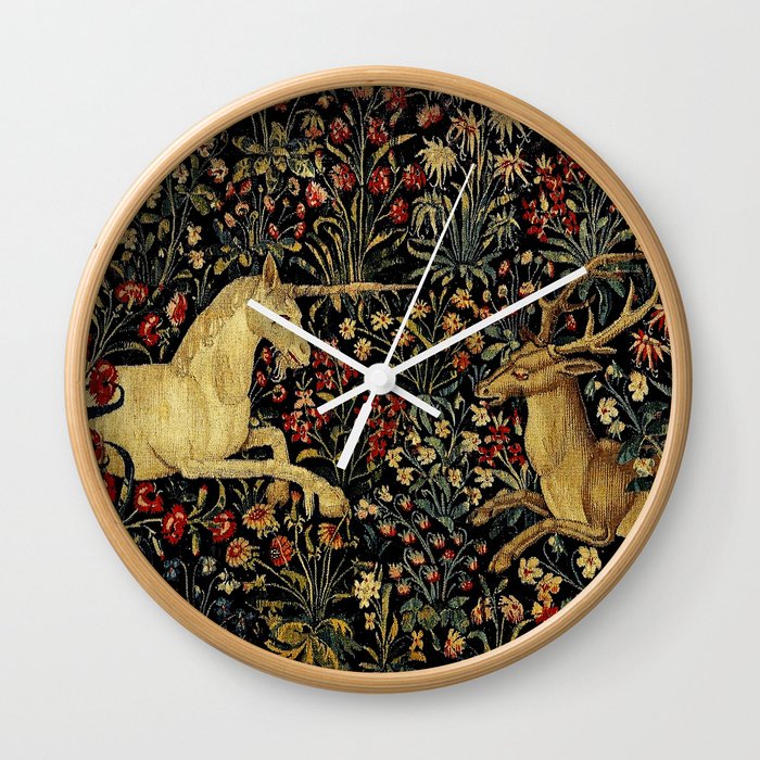 Medieval Unicorn Midnight Floral Garden Wall Clock