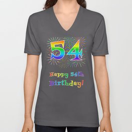 [ Thumbnail: 54th Birthday - Fun Rainbow Spectrum Gradient Pattern Text, Bursting Fireworks Inspired Background V Neck T Shirt V-Neck T-Shirt ]