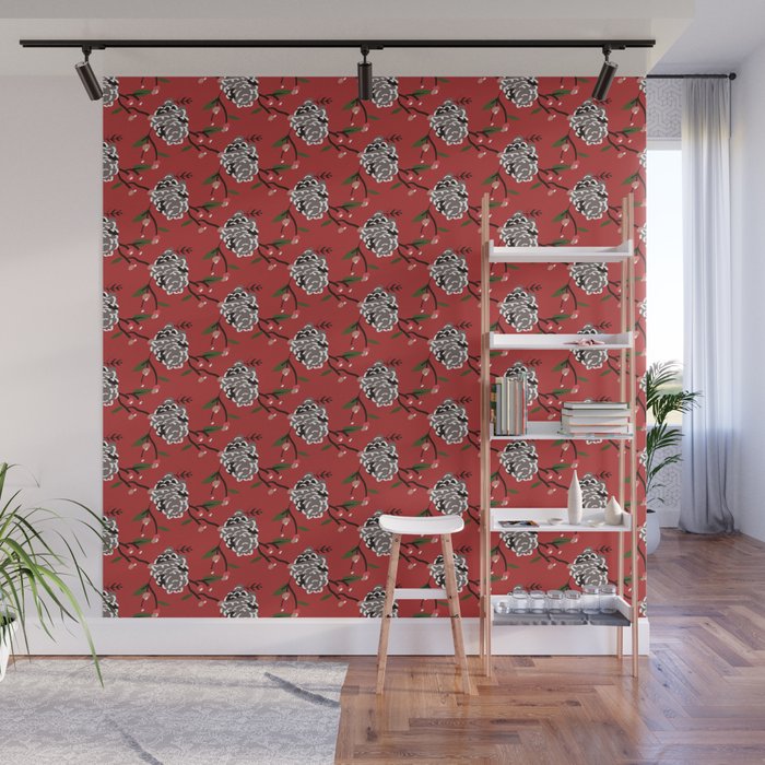 Christmas Pattern Floral Red Pine Retro Wall Mural